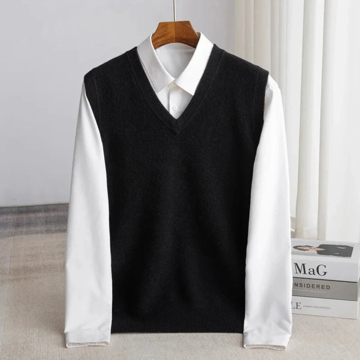 Ethan | Men's V-Neck Sweater Vest, Ribbed Trim Knit Gilet | Bella Blue