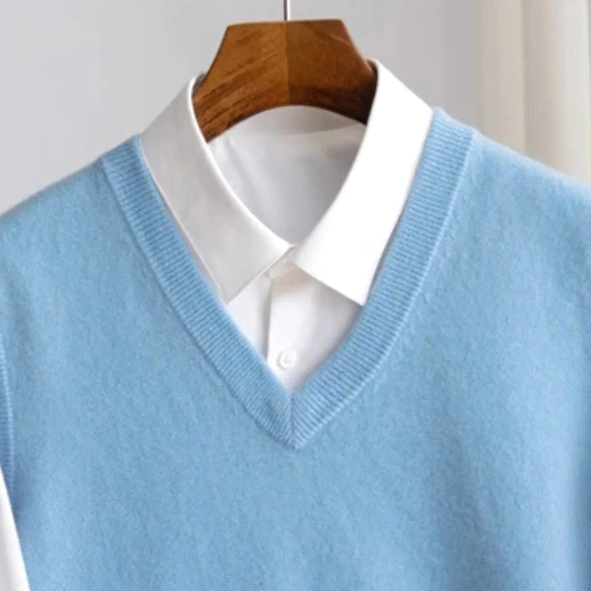 Ethan | Men's V-Neck Sweater Vest, Ribbed Trim Knit Gilet | Bella Blue | Camel