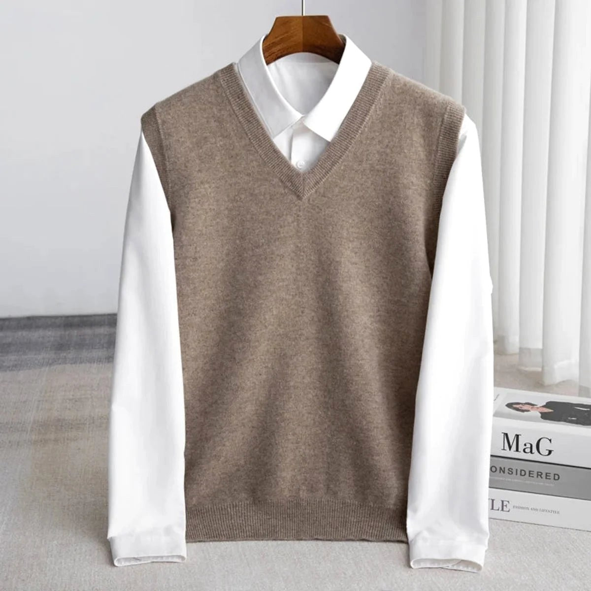 Ethan | Men's V-Neck Sweater Vest, Ribbed Trim Knit Gilet | Bella Blue | Burgundy