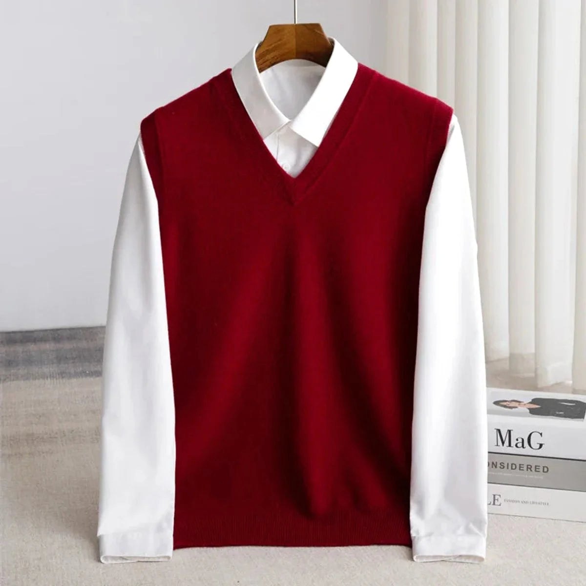 Ethan | Men's V-Neck Sweater Vest, Ribbed Trim Knit Gilet | Bella Blue