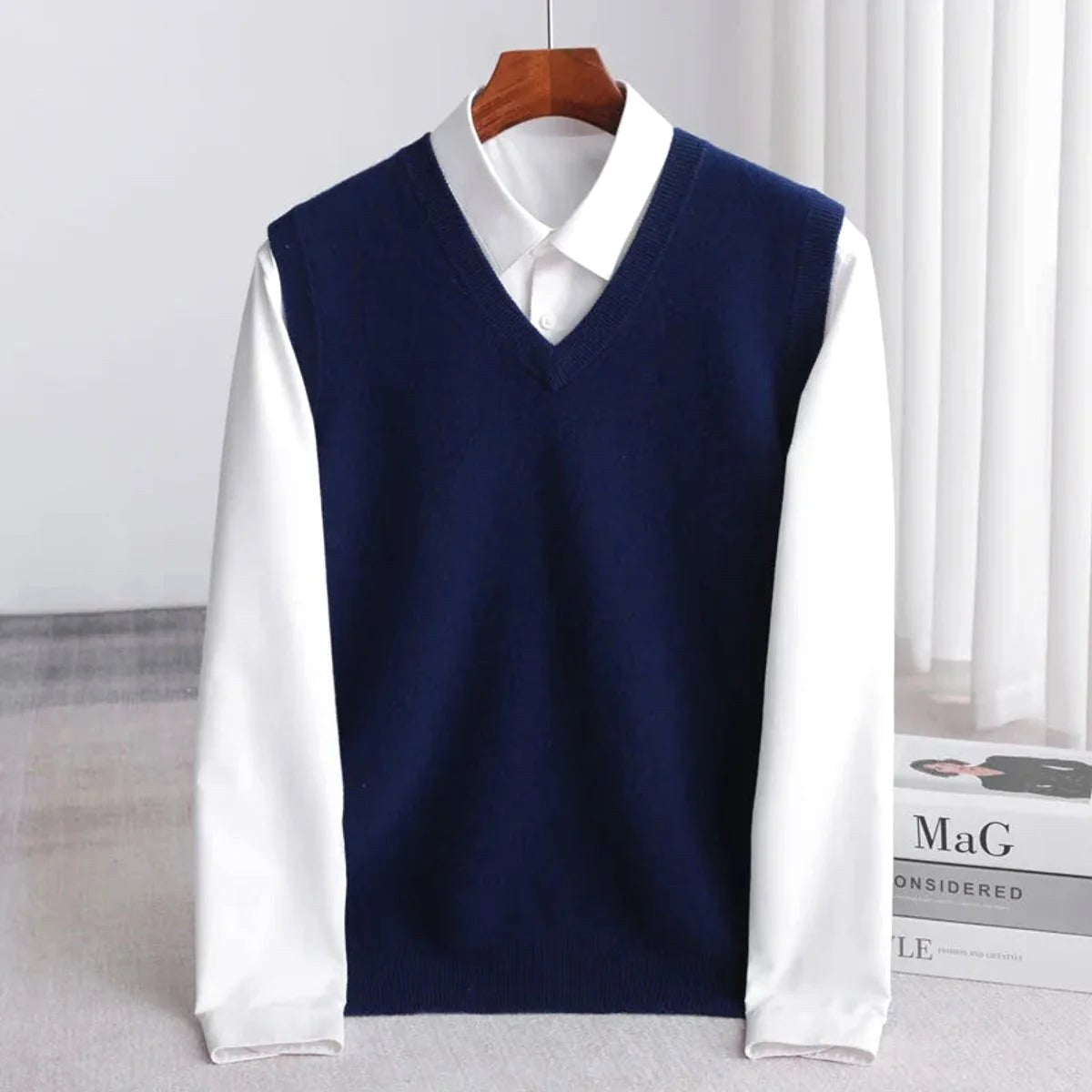 Ethan | Men's V-Neck Sweater Vest, Ribbed Trim Knit Gilet | Bella Blue