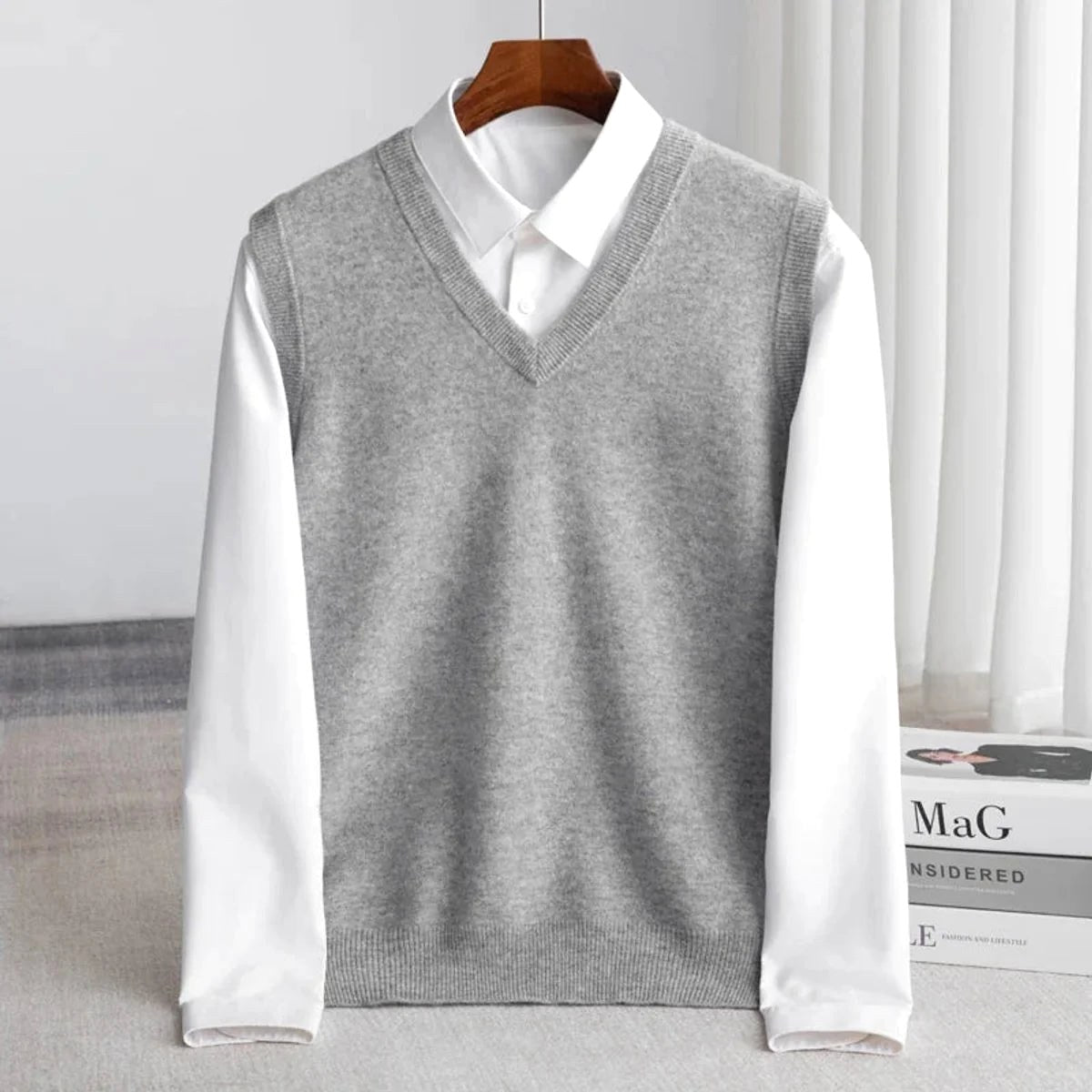 Ethan | Men's V-Neck Sweater Vest, Ribbed Trim Knit Gilet | Bella Blue