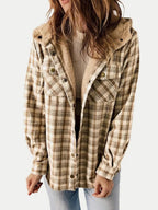 Eugenie | Women's Hooded Plaid Jacket, Button-Down Autumn Jacket | Bella Blue | Khaki