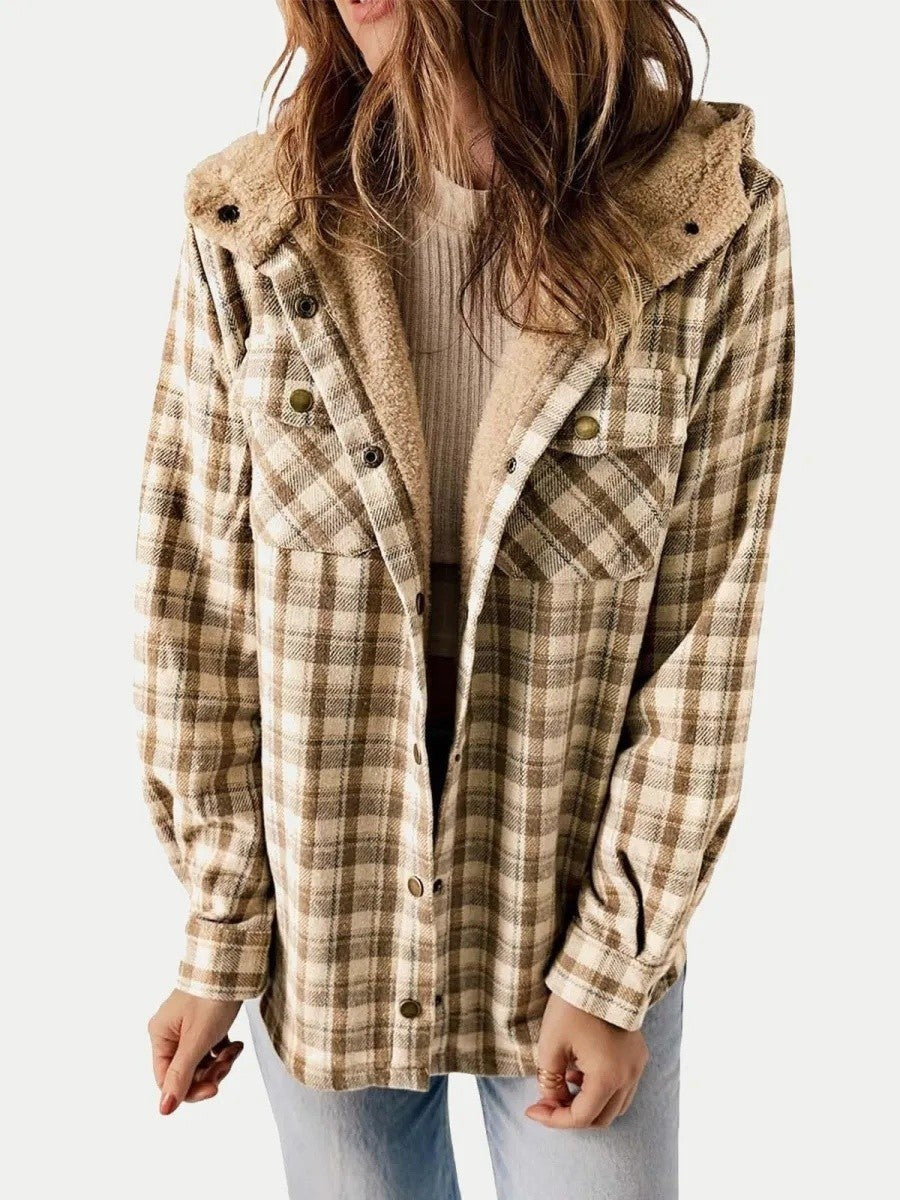 Eugenie | Women's Hooded Plaid Jacket, Button-Down Autumn Jacket | Bella Blue | Khaki