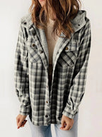 Eugenie | Women's Hooded Plaid Jacket, Button-Down Autumn Jacket | Bella Blue | Dark Grey
