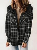 Eugenie | Women's Hooded Plaid Jacket, Button-Down Autumn Jacket | Bella Blue | Black