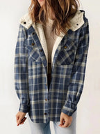 Eugenie | Women's Hooded Plaid Jacket, Button-Down Autumn Jacket | Bella Blue | Blue