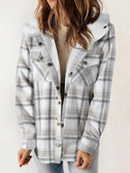 Eugenie | Women's Hooded Plaid Jacket, Button-Down Autumn Jacket | Bella Blue | White