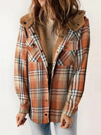 Eugenie | Women's Hooded Plaid Jacket, Button-Down Autumn Jacket | Bella Blue | Brown