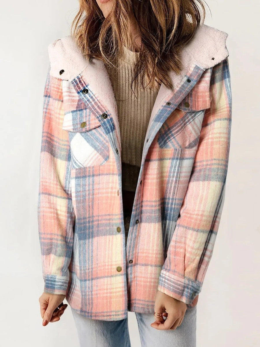 Eugenie | Women's Hooded Plaid Jacket, Button-Down Autumn Jacket | Bella Blue | Pink