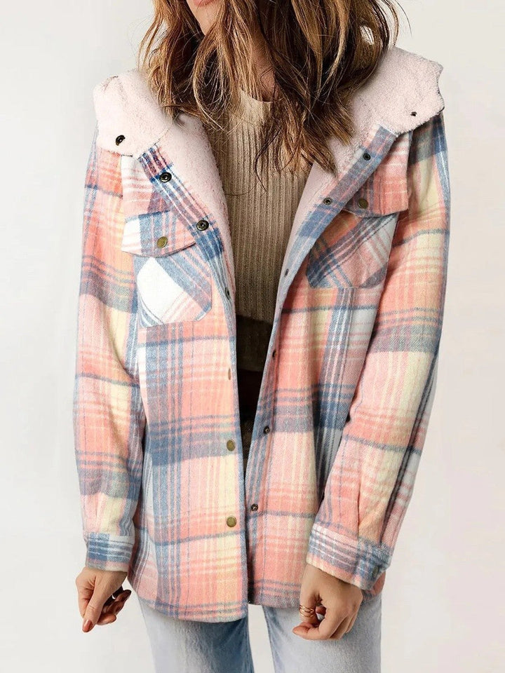 Eugenie | Women's Hooded Plaid Jacket, Button-Down Autumn Jacket | Bella Blue | Pink