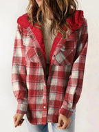 Eugenie | Women's Hooded Plaid Jacket, Button-Down Autumn Jacket | Bella Blue | Red