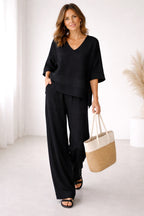 Eva | Women's Asymmetric Two-Piece Set, Breathable Cotton Linen Lounge Set | Bella Blue