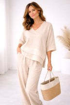 Eva | Women's Asymmetric Two-Piece Set, Breathable Cotton Linen Lounge Set | Bella Blue