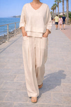 Eva | Women's Asymmetric Two-Piece Set, Breathable Cotton Linen Lounge Set | Bella Blue