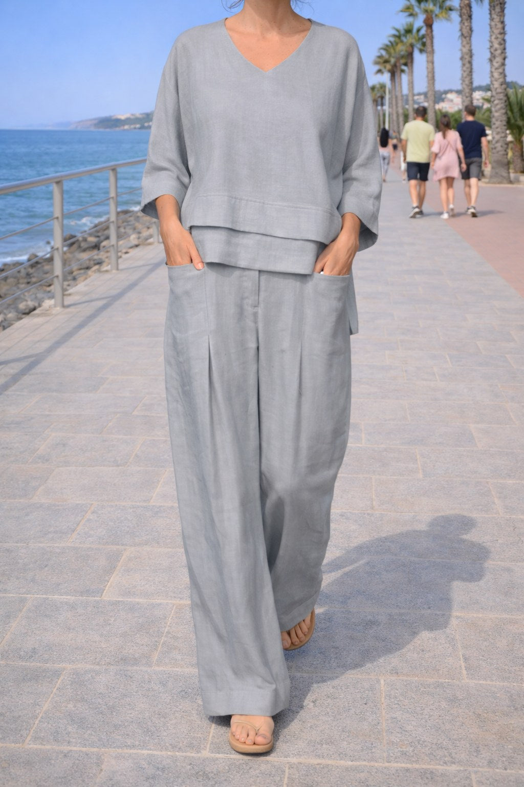 Eva | Women's Asymmetric Two-Piece Set, Breathable Cotton Linen Lounge Set | Bella Blue