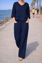 Eva | Women's Asymmetric Two-Piece Set, Breathable Cotton Linen Lounge Set | Bella Blue