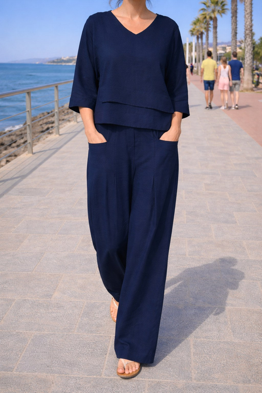 Eva | Women's Asymmetric Two-Piece Set, Breathable Cotton Linen Lounge Set | Bella Blue