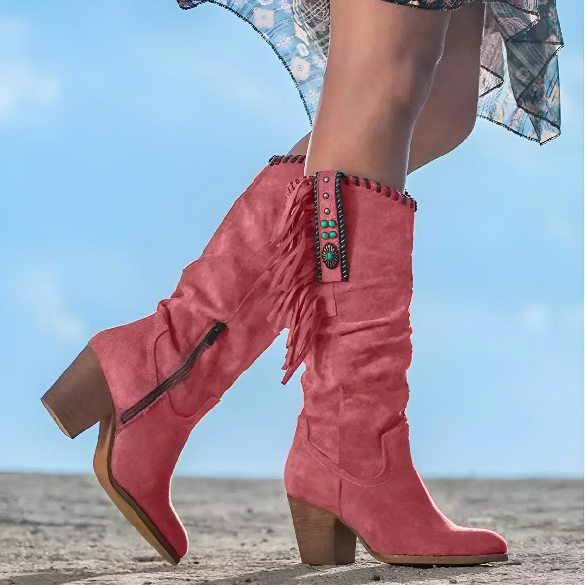 Evelyn | Women's Leather Cowboy Boots, Western Fringe Boots | Bella Blue | Red