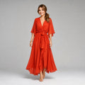 Evelyn | Women's Midi Dress with V-Neckline and Waist Tie, Layered Asymmetric Midi Dress | Bella Blue