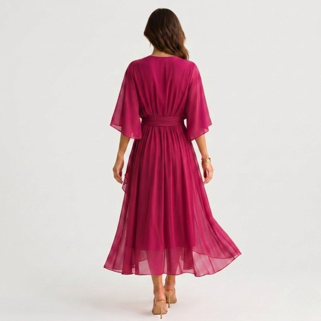 Evelyn | Women's Midi Dress with V-Neckline and Waist Tie, Layered Asymmetric Midi Dress | Bella Blue