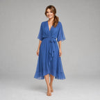 Evelyn | Women's Midi Dress with V-Neckline and Waist Tie, Layered Asymmetric Midi Dress | Bella Blue