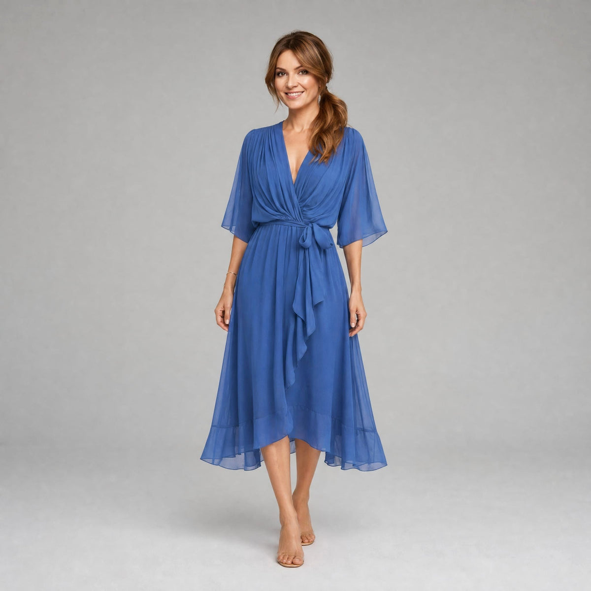 Evelyn | Women's Midi Dress with V-Neckline and Waist Tie, Layered Asymmetric Midi Dress | Bella Blue