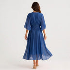 Evelyn | Women's Midi Dress with V-Neckline and Waist Tie, Layered Asymmetric Midi Dress | Bella Blue