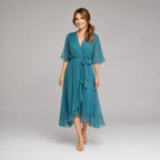 Evelyn | Women's Midi Dress with V-Neckline and Waist Tie, Layered Asymmetric Midi Dress | Bella Blue