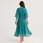 Evelyn | Women's Midi Dress with V-Neckline and Waist Tie, Layered Asymmetric Midi Dress | Bella Blue