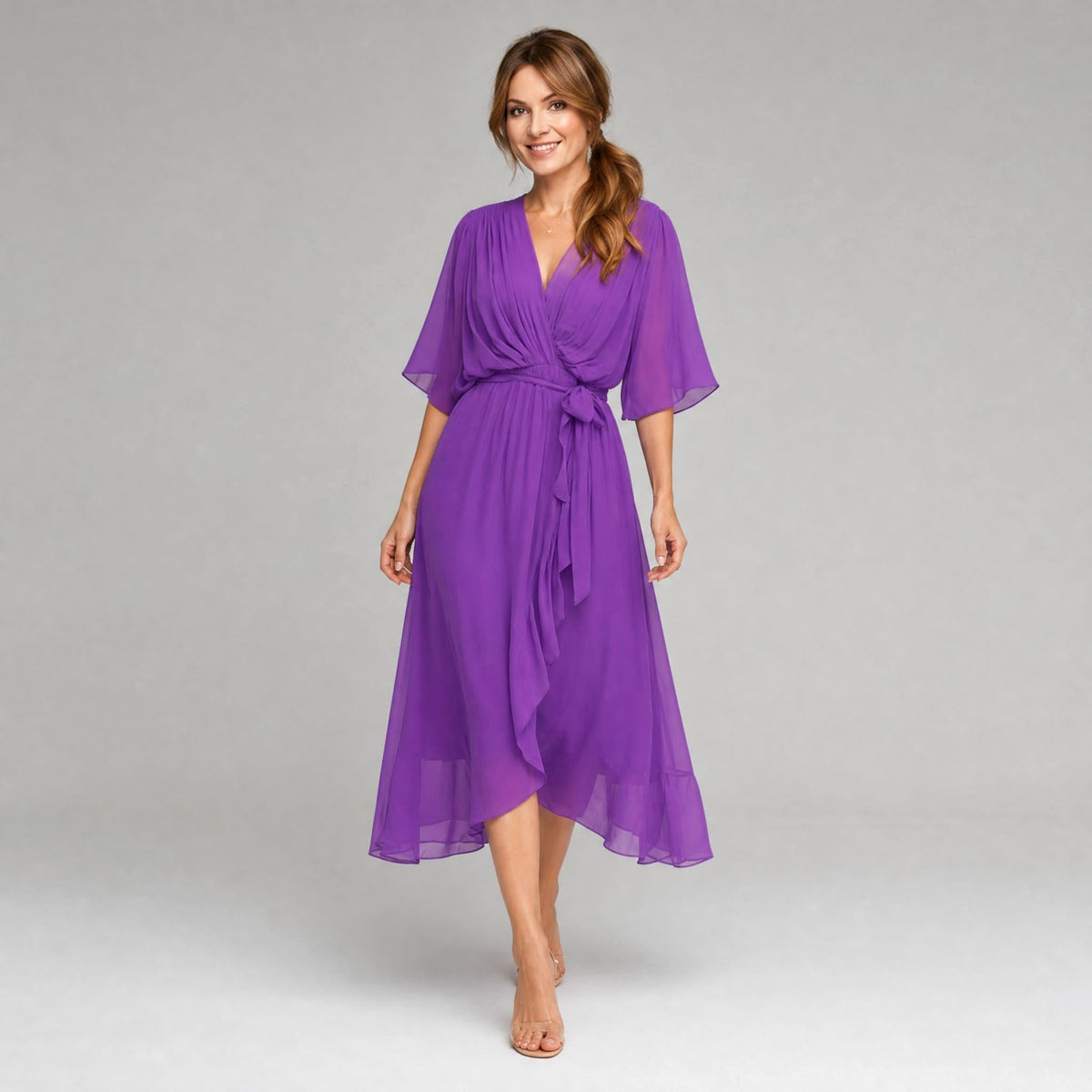 Evelyn | Women's Midi Dress with V-Neckline and Waist Tie, Layered Asymmetric Midi Dress | Bella Blue
