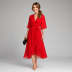 Evelyn | Women's Midi Dress with V-Neckline and Waist Tie, Layered Asymmetric Midi Dress | Bella Blue