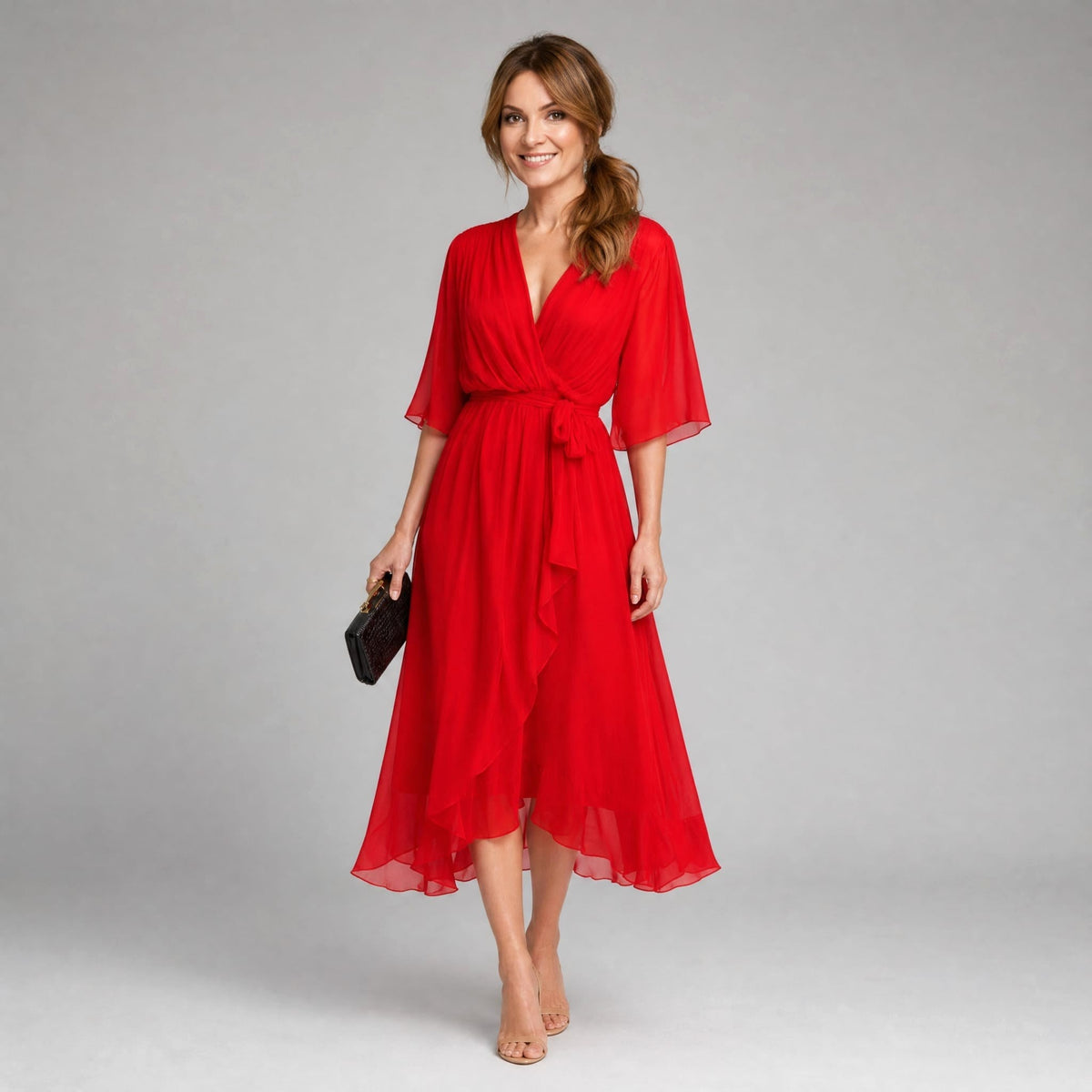 Evelyn | Women's Midi Dress with V-Neckline and Waist Tie, Layered Asymmetric Midi Dress | Bella Blue