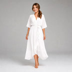 Evelyn | Women's Midi Dress with V-Neckline and Waist Tie, Layered Asymmetric Midi Dress | Bella Blue