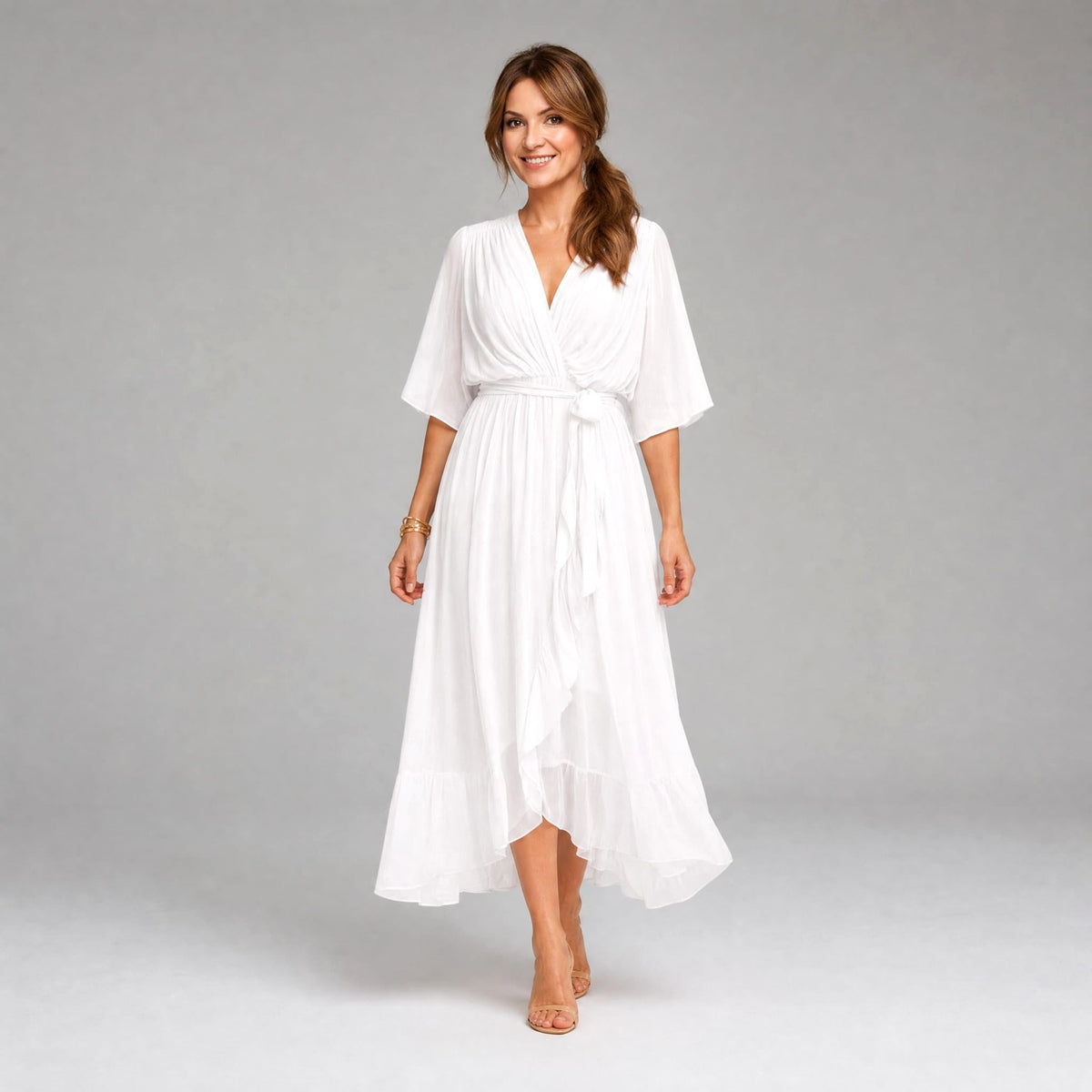 Evelyn | Women's Midi Dress with V-Neckline and Waist Tie, Layered Asymmetric Midi Dress | Bella Blue