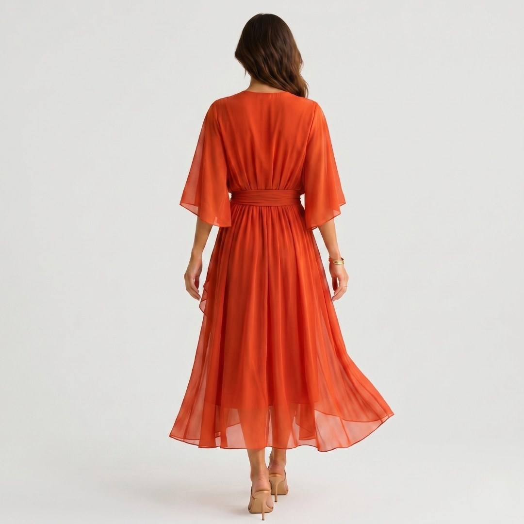 Evelyn | Women's Midi Dress with V-Neckline and Waist Tie, Layered Asymmetric Midi Dress | Bella Blue