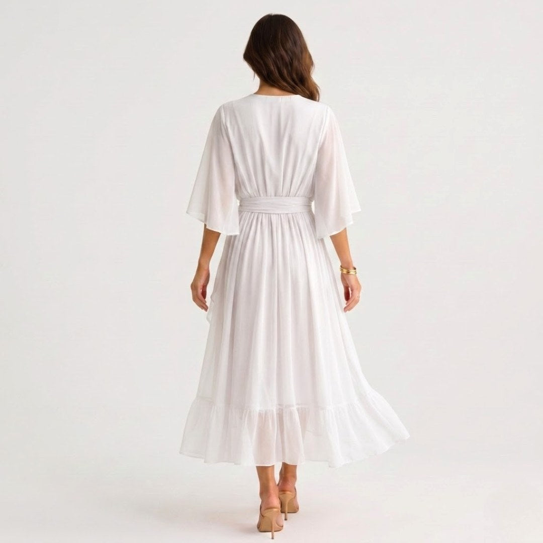 Evelyn | Women's Midi Dress with V-Neckline and Waist Tie, Layered Asymmetric Midi Dress | Bella Blue