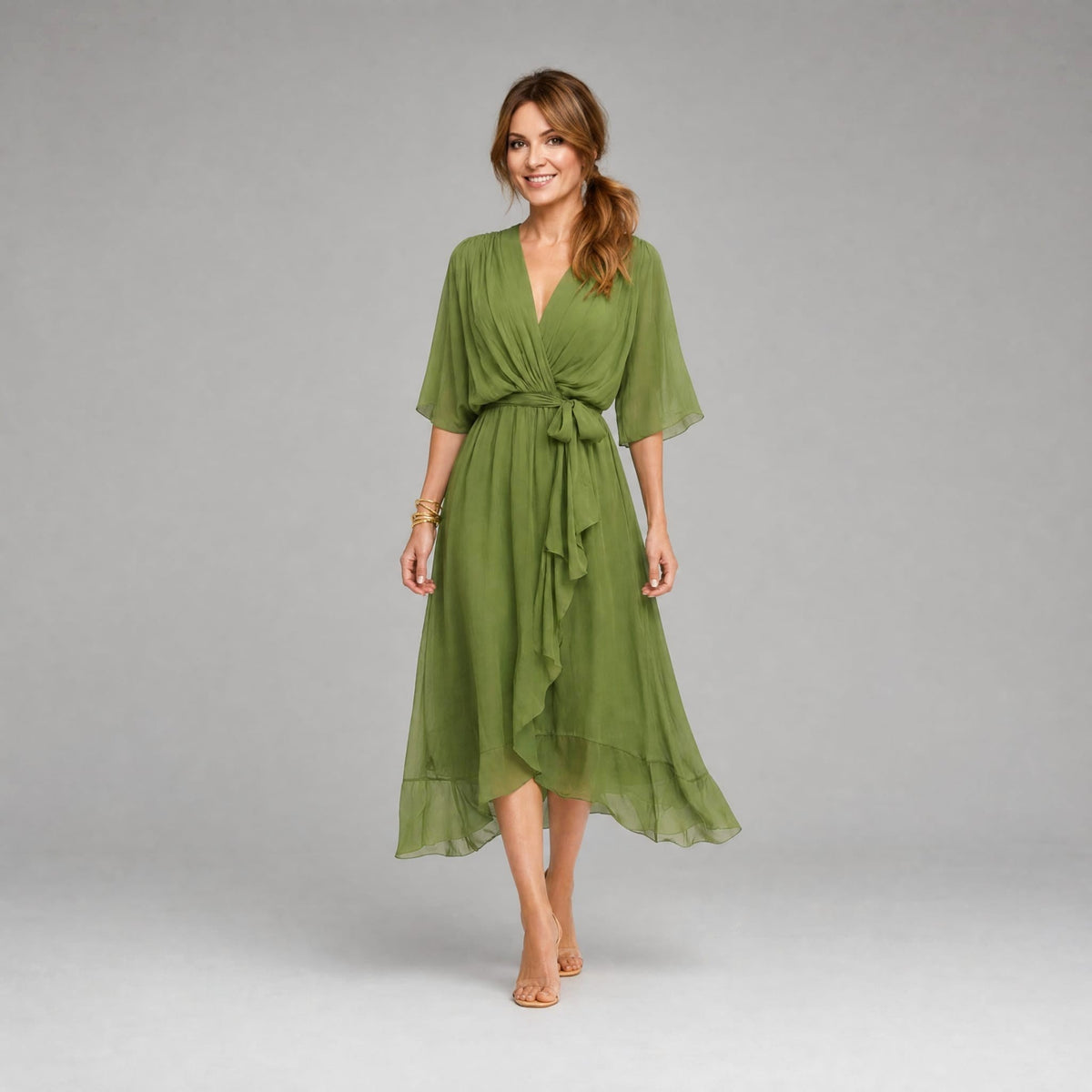 Evelyn | Women's Midi Dress with V-Neckline and Waist Tie, Layered Asymmetric Midi Dress | Bella Blue