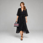 Evelyn | Women's Midi Dress with V-Neckline and Waist Tie, Layered Asymmetric Midi Dress | Bella Blue