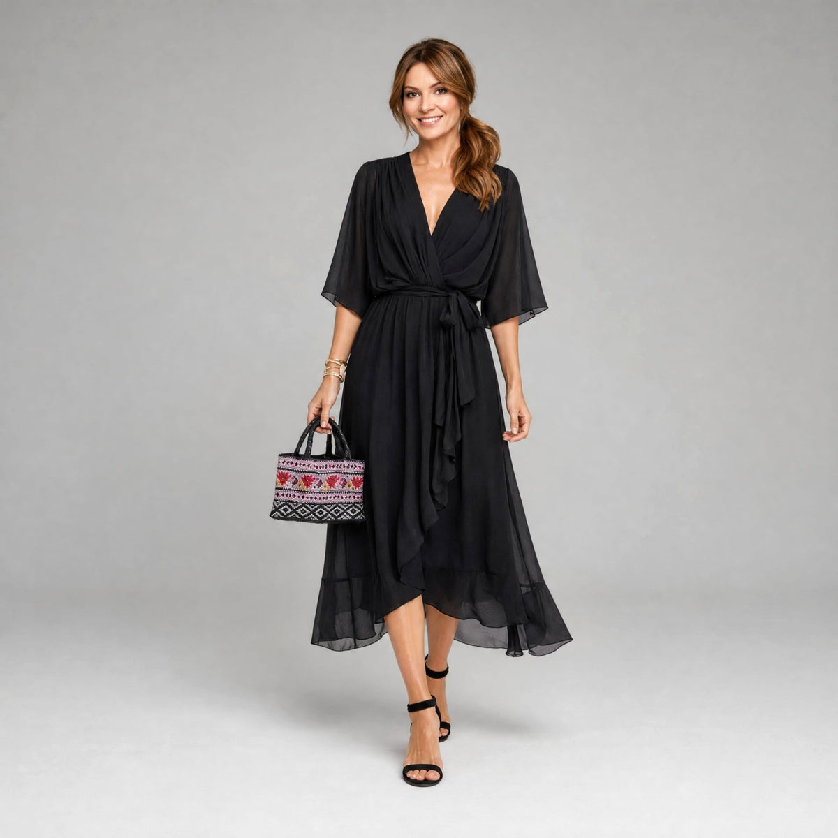 Evelyn | Women's Midi Dress with V-Neckline and Waist Tie, Layered Asymmetric Midi Dress | Bella Blue