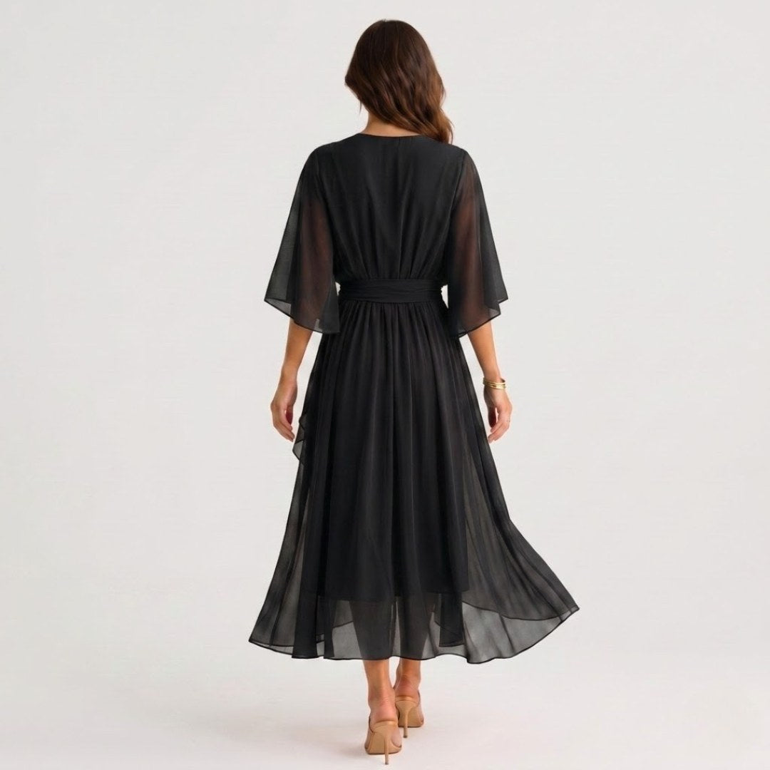 Evelyn | Women's Midi Dress with V-Neckline and Waist Tie, Layered Asymmetric Midi Dress | Bella Blue