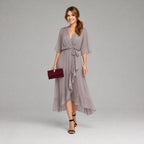 Evelyn | Women's Midi Dress with V-Neckline and Waist Tie, Layered Asymmetric Midi Dress | Bella Blue