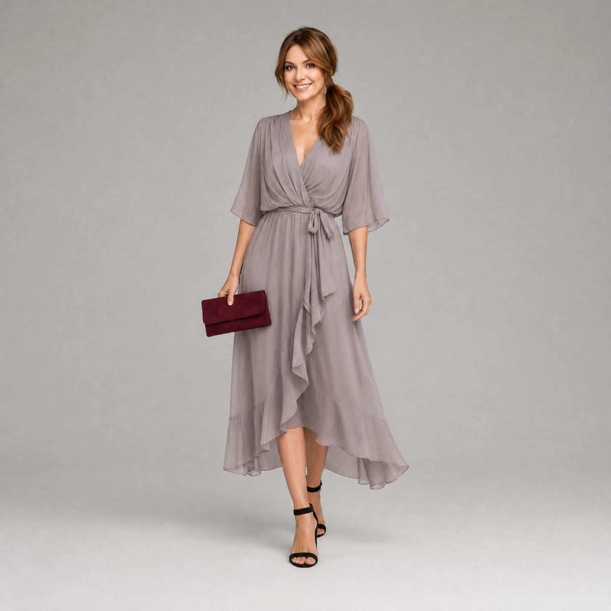 Evelyn | Women's Midi Dress with V-Neckline and Waist Tie, Layered Asymmetric Midi Dress | Bella Blue