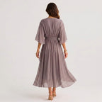 Evelyn | Women's Midi Dress with V-Neckline and Waist Tie, Layered Asymmetric Midi Dress | Bella Blue