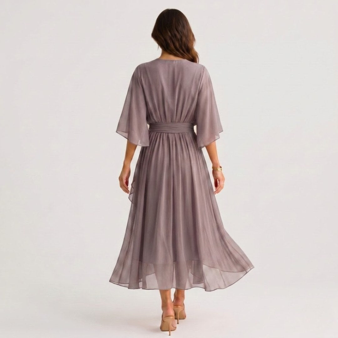 Evelyn | Women's Midi Dress with V-Neckline and Waist Tie, Layered Asymmetric Midi Dress | Bella Blue