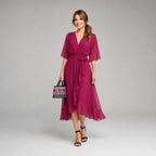 Evelyn | Women's Midi Dress with V-Neckline and Waist Tie, Layered Asymmetric Midi Dress | Bella Blue