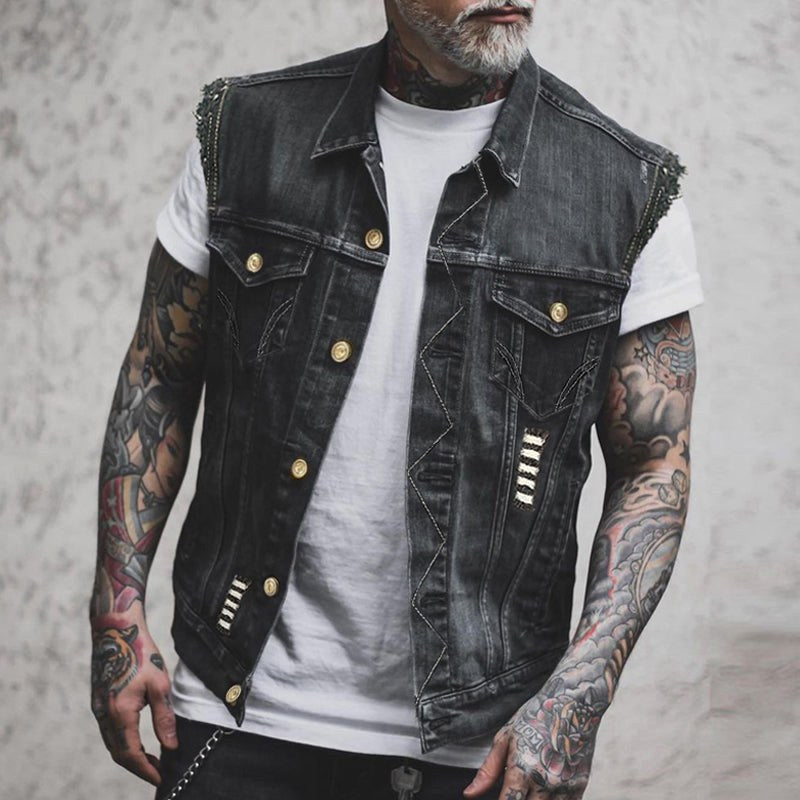 Fabian | Men's Denim Waistcoat, Sleeveless with Bold Streetwear Silhouette | Bella Blue | Black