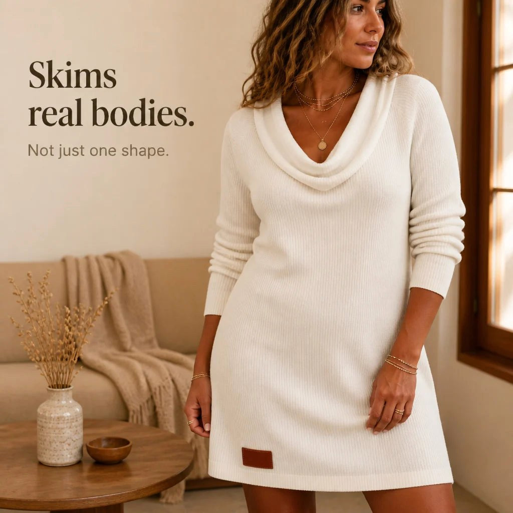 Felicity | Women's Cowl Neck Ribbed Sweater Dress, Knee-Length Knit Dress | Bella Blue