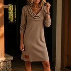 Felicity | Women's Cowl Neck Ribbed Sweater Dress, Knee-Length Knit Dress | Bella Blue