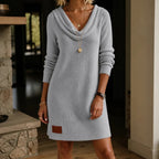 Felicity | Women's Cowl Neck Ribbed Sweater Dress, Knee-Length Knit Dress | Bella Blue